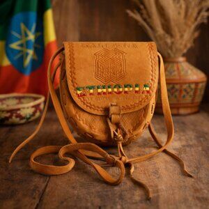 Vintage Ethiopian Tooled Leather Crossbody Lalibela 13 Months Of Sunshine Bag